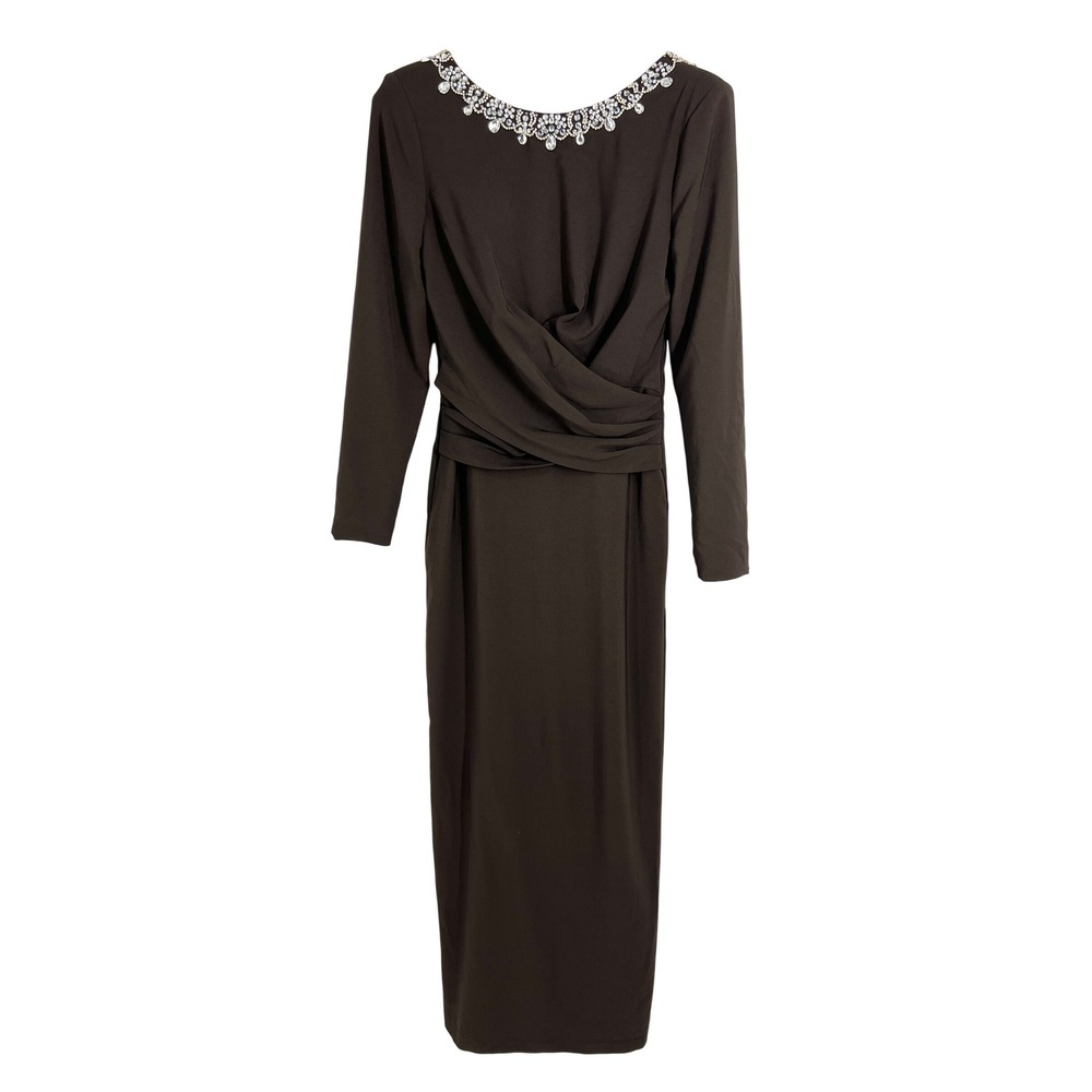 Dress The Population Anne Embellished Maxi Dress Mocha Brown Long Sleeve Size M